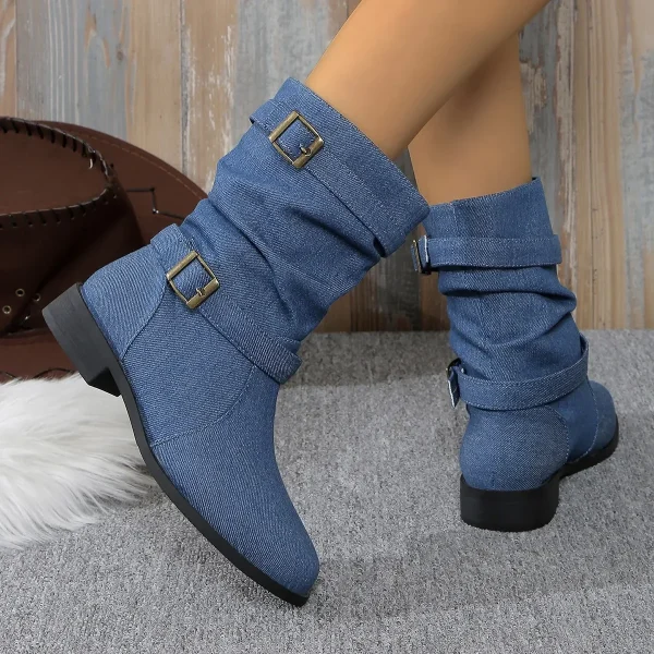 Denim Buckle Midi Ankle Boots - Image 3