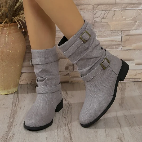 Denim Buckle Midi Ankle Boots - Image 4