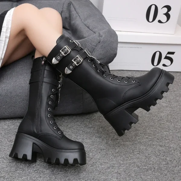 Leather Buckle Gothic Boots - Image 2