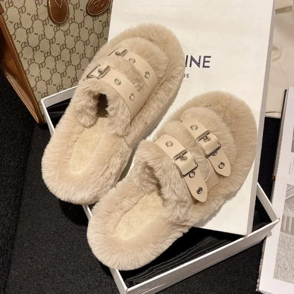 Fur Platform Slippers Warm Belt Buckle Slides - Image 5