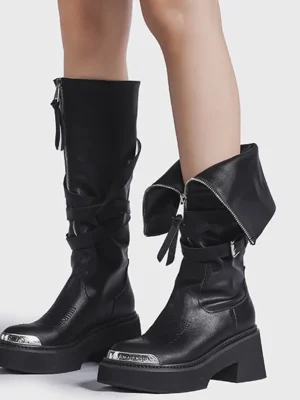 Black Leather Platform Boots Metal Toe