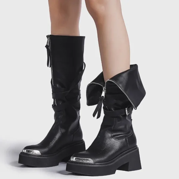 Black Leather Platform Boots Metal Toe