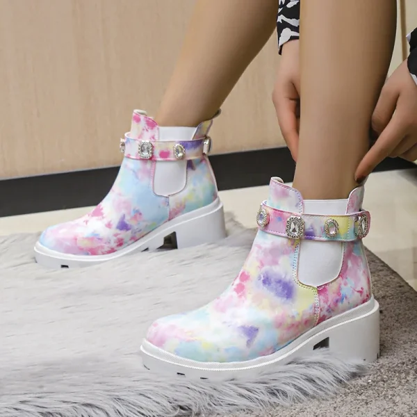 Plus Size Rhinestone Thick Heel Short Boots - Image 3