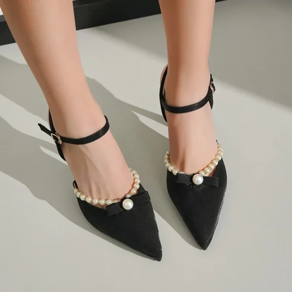 Elegant Black Satin Pearl Heels - Image 4