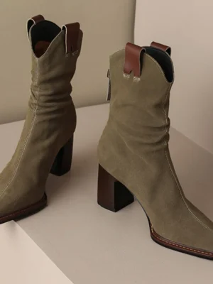 Suede Low Heel Cowboy Ankle Boots