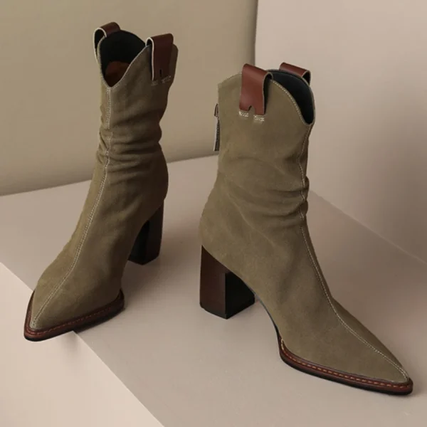 Suede Low Heel Cowboy Ankle Boots