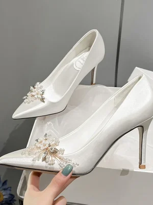 Pearl Crystal Satin Stiletto Heels