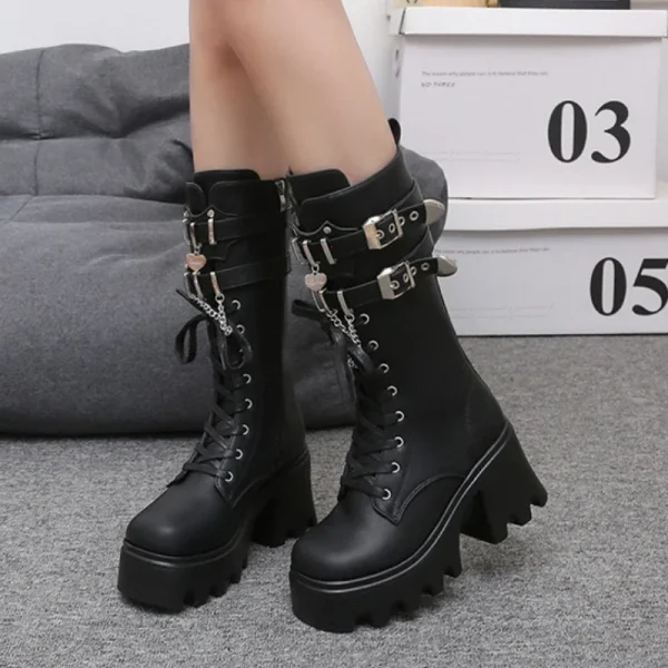 Leather Buckle Gothic Boots - Image 3