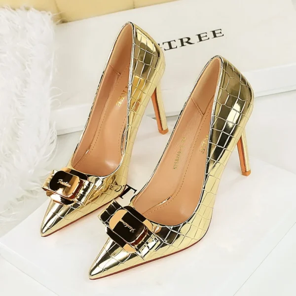 Gold Patent Bow Heels - Image 2