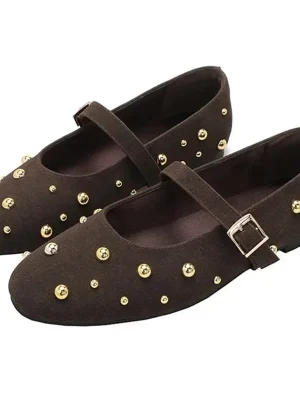 Metal Rivet Flats Faux Suede Mary Janes