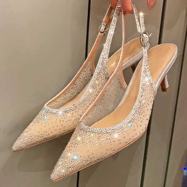 Mesh Rhinestone Pumps Pointed Toe Heels - Image 2