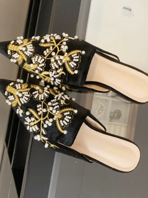 Embroidered Beaded Flat Mules