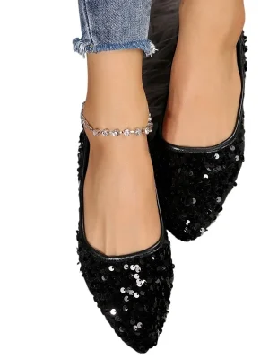 Glitter Crystal Pointed-Toe Ballet Flats