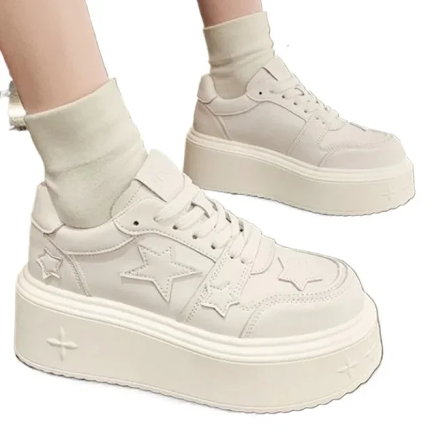 Women's Thick-Sole White Leather Sneakers - Image 4