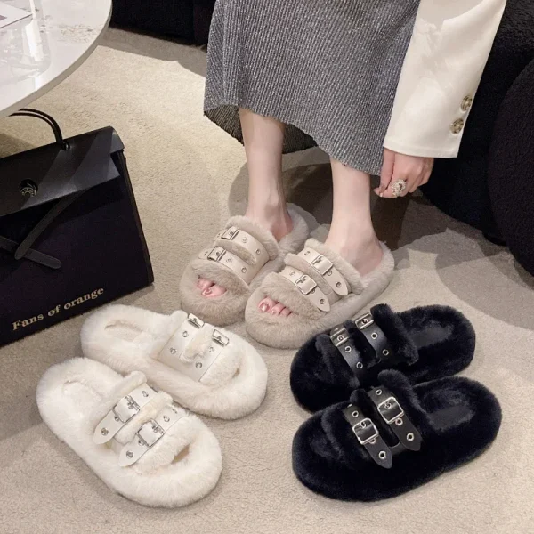 Fur Platform Slippers Warm Belt Buckle Slides - Image 6