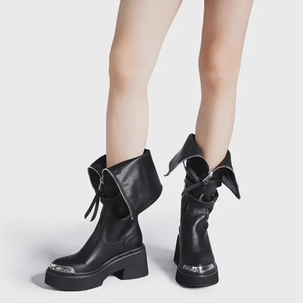 Black Leather Platform Boots Metal Toe - Image 2