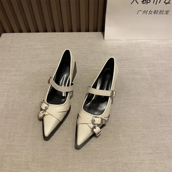 Pointed Toe Belt Buckle Low-Heel Shoes - Image 2