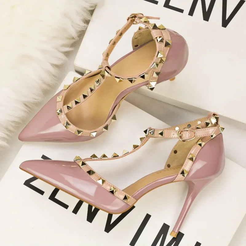 Rivet Pointed Heels Red Sexy Sandals - Image 4