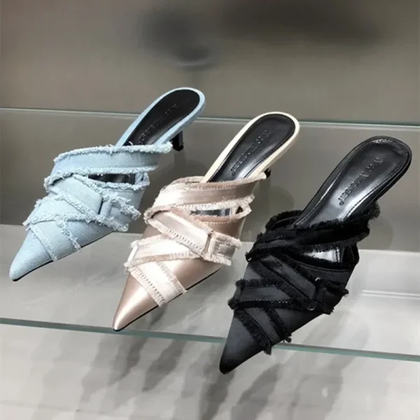 Denim Pointed Toe Slingback Mules