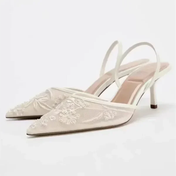 Embroidered Flower Sandals White High Heels - Image 4