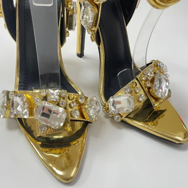 Gold Crystal Ankle Strap Heeled Sandals - Image 2