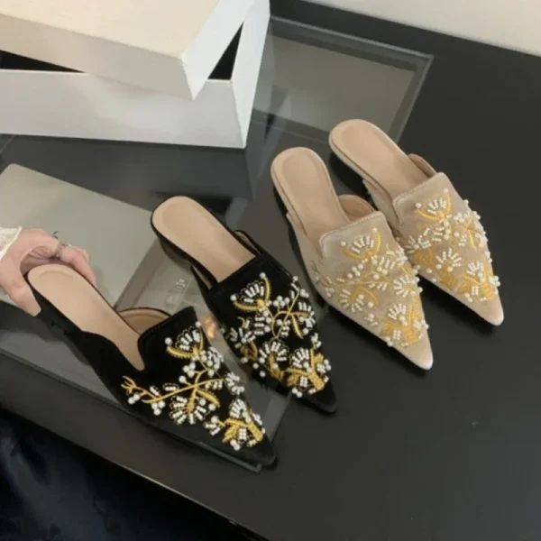 Embroidered Beaded Flat Mules - Image 3