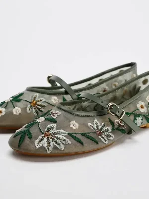 Green Floral Mesh Ballet Flats