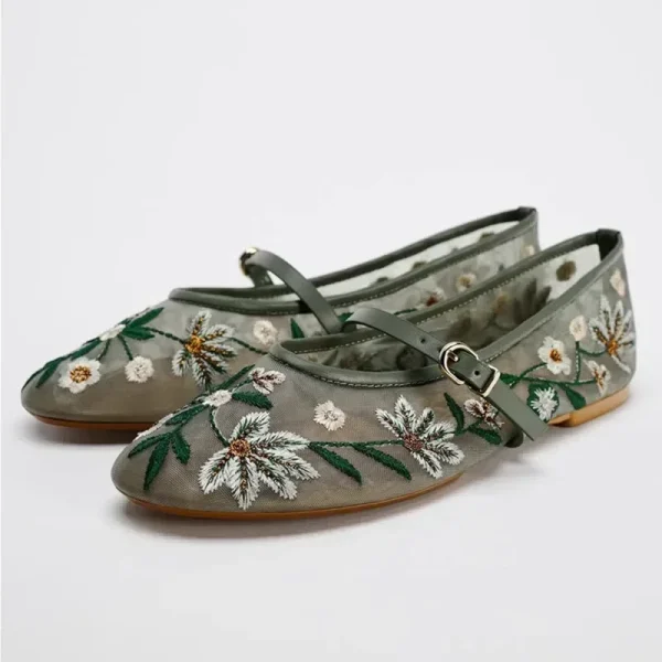 Green Floral Mesh Ballet Flats