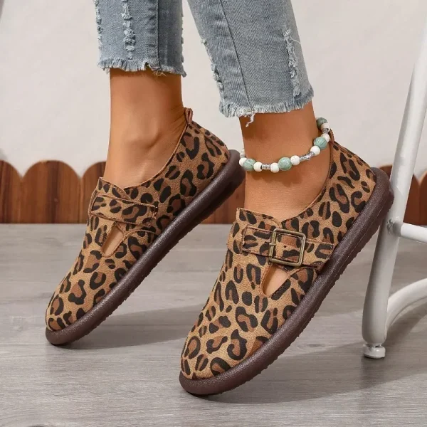 Leopard Print Genuine Leather T-Strap Flats - Image 3