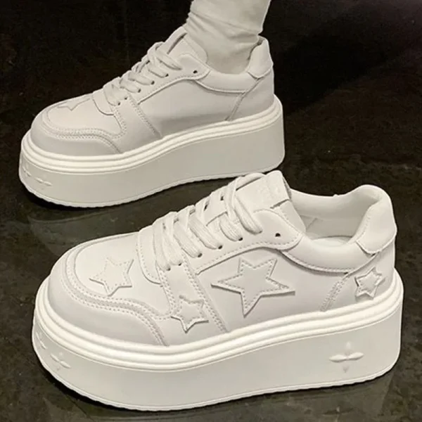 Women's Thick-Sole White Leather Sneakers - Image 6