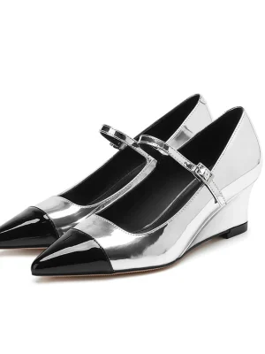 Color Block Heels Silver Patent Loafers