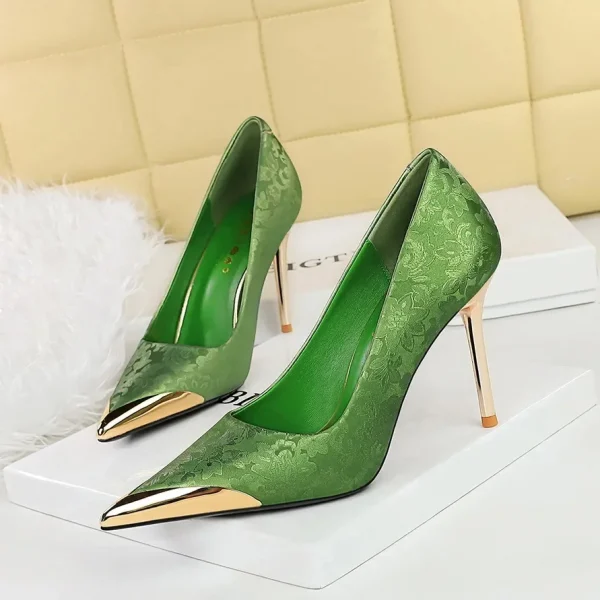 Golden Metal Heels Satin Pointed Toe Pumps - Image 3