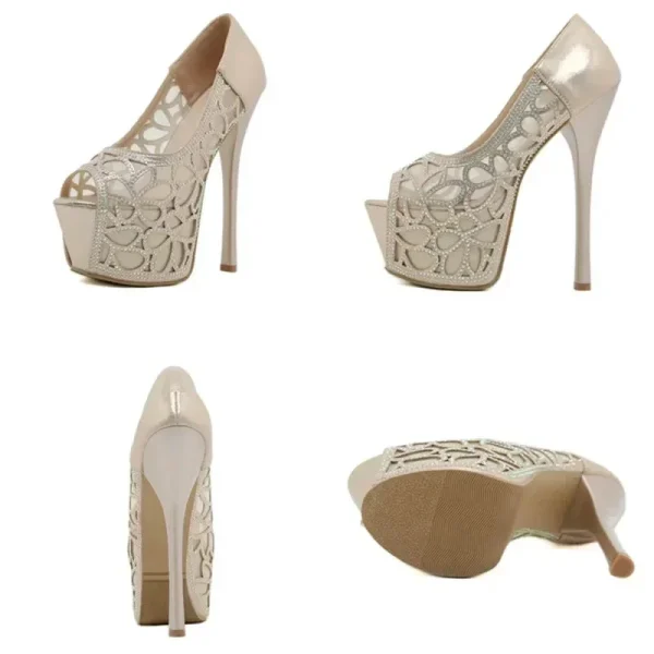 Rhinestone Hollow Thin High Gold Heels - Image 6