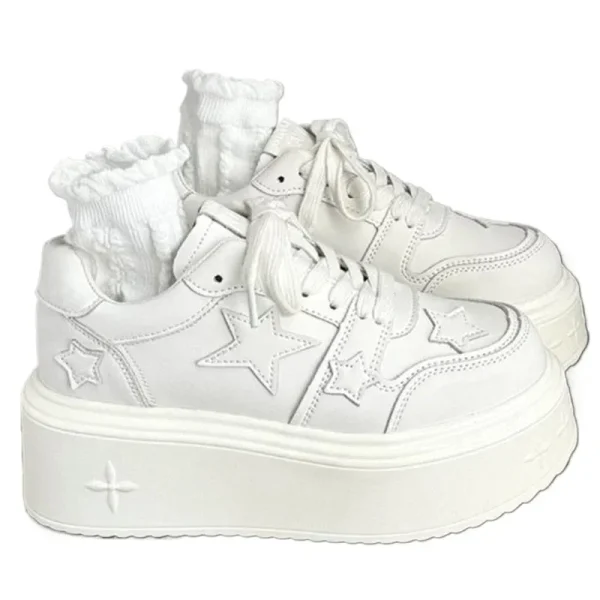 Women's Thick-Sole White Leather Sneakers