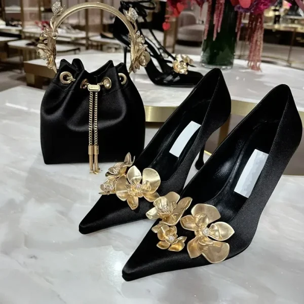 Silk Floral Gold Heels - Image 6