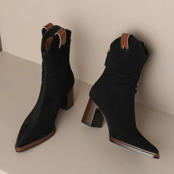 Suede Low Heel Cowboy Ankle Boots - Image 4