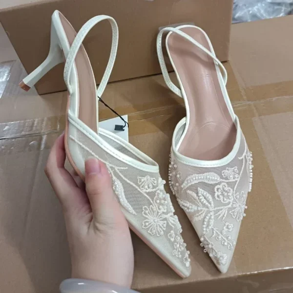 Embroidered Flower Sandals White High Heels - Image 6