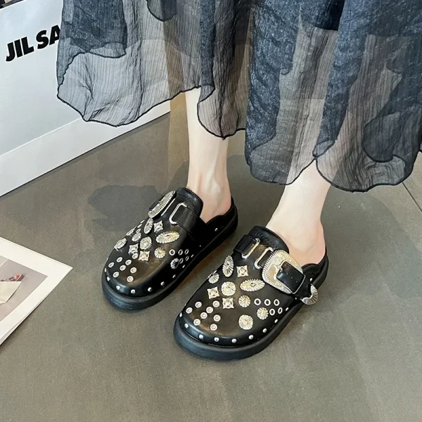 Rivet Platform Leather Mules Punk Slides - Image 3