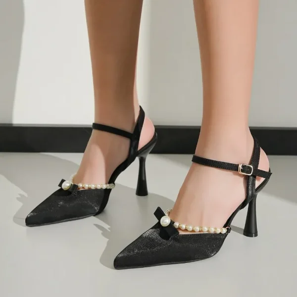 Elegant Black Satin Pearl Heels - Image 3