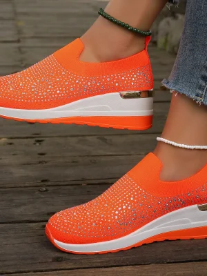 Orange Rhinestone Slip-On Wedge Sneakers