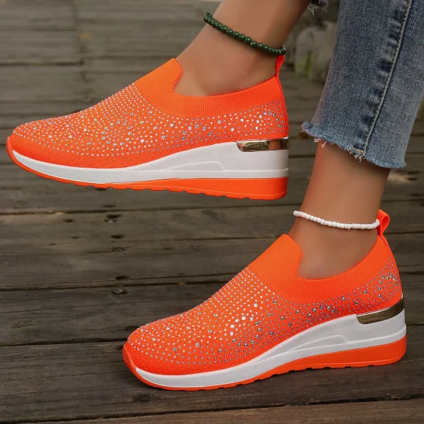 Orange Rhinestone Slip-On Wedge Sneakers