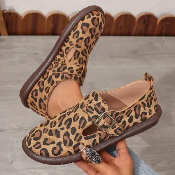 Leopard Print Genuine Leather T-Strap Flats - Image 2