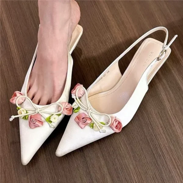 Satin Flower Strap Flat Sandals - Image 3