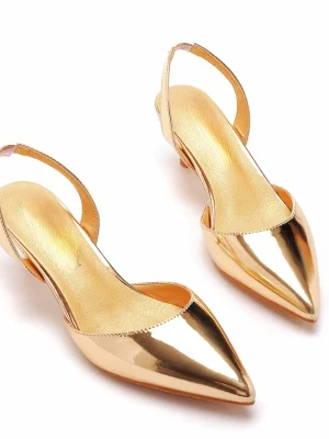 Golden Pointed Sandals Slingback Low Heels