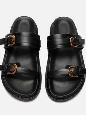 Leather Buckle Platform Slides