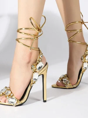 Gold Crystal Ankle Strap Heeled Sandals