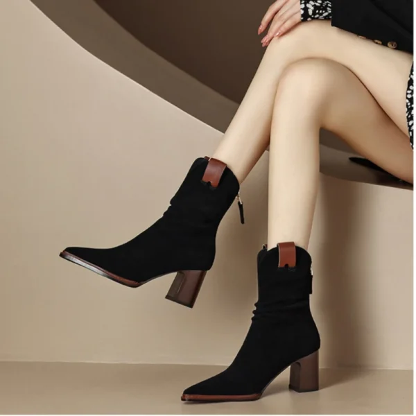 Suede Low Heel Cowboy Ankle Boots - Image 2