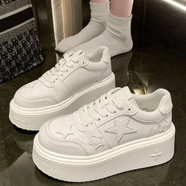 Women's Thick-Sole White Leather Sneakers - Image 5