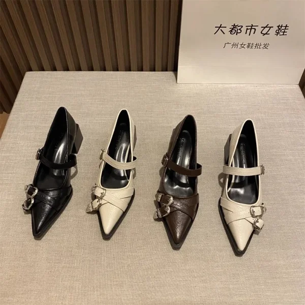 Pointed Toe Belt Buckle Low-Heel Shoes