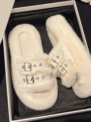 Fur Platform Slippers Warm Belt Buckle Slides